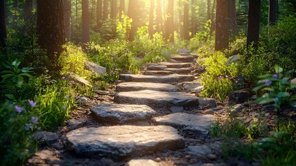 Obraz premium The sunshine falls on the mountain forest path