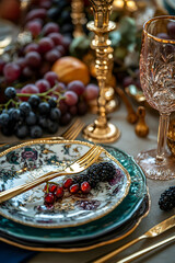 Fototapeta premium Elegant Table Setting with Vintage China, Golden Accents, and Fresh Fruits for a Luxurious Dining Experience and Sophisticated Gatherings, Celebrations