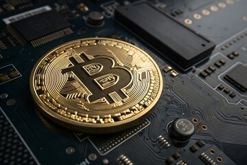 Bitcoin cryptocurrency on a circuit board.