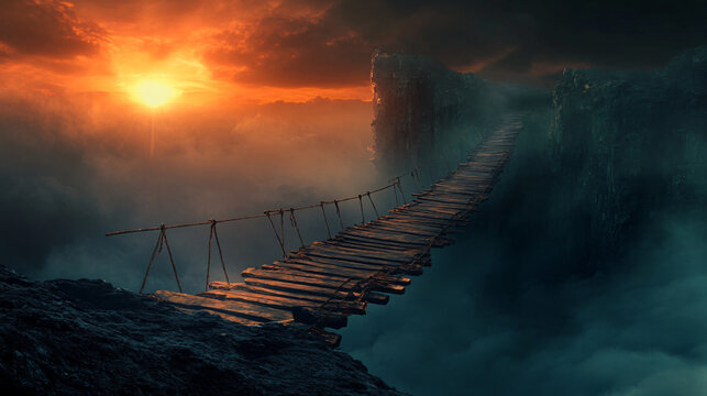 Fototapeta Broken wooden bridge foggy chasm mysterious atmosphere eerie abandoned structure decayed planks dangerous crossing suspenseful misty landscape old rope bridge hanging unstable weathered wood ruins
