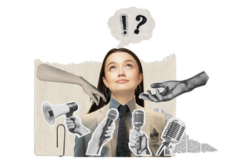 PNG, Poster Collage, girl looking up with microphones, hands and question mark, isolated on white...