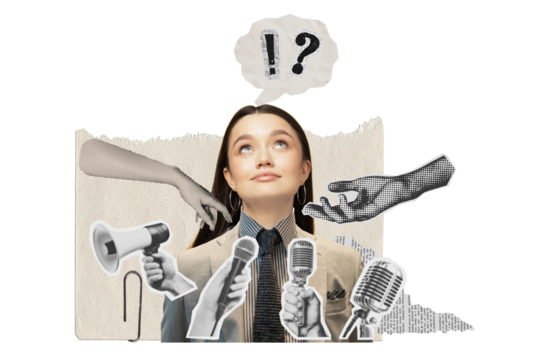 PNG, Poster Collage, girl looking up with microphones, hands and question mark, isolated on white background. - Powered by Adobe