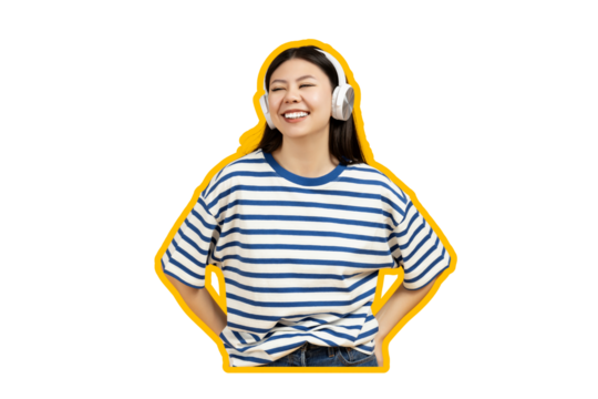 PNG, Poster Collage, happy girl, in headphones, isolated on white background.