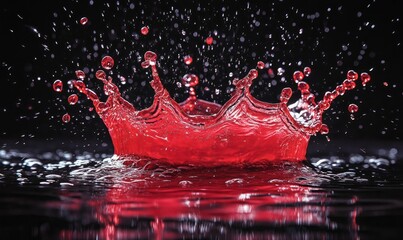 red splash of water against a black background, the crimson liquid forming a crown-like shape as it cascades down from the top left corner