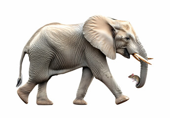 Fototapeta premium Elephant and Mouse, An Unlikely Friendship Depicted in Detailed, Textured, High-Resolution Image on a Clean White Background Showcasing the Contrast in Scale