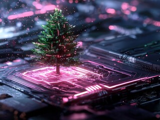 Magical Christmas tree glowing circuit boardwonderholidaydigital