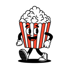 Vector cartoon character is walking down the street with a popcorn bucket, retro doodle style