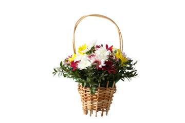 Bouquet of flowers in a wicker basket, isolated on white background, PNG