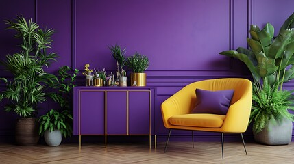 A vibrant room shows a yellow chair and purple furniture