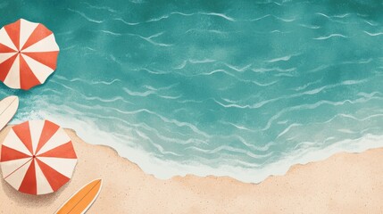 Obraz premium vibrant summer beach scene with turquoise waves, sandy shore, striped umbrellas, and surfboards