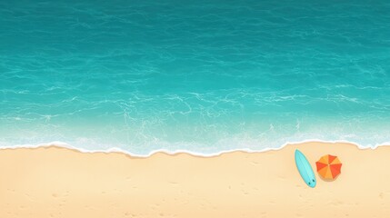 Obraz premium vibrant summer beach scene with turquoise waves, surfboard, and orange umbrella on golden sand