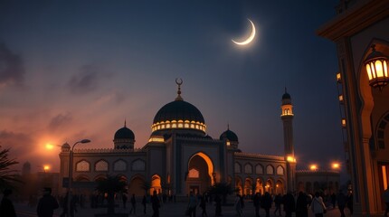 Night Mosque Scene Crescent Moon Ramadan Islamic