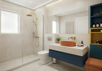 Luxury clean bathroom interior design with mirror , European toilet closet and shower