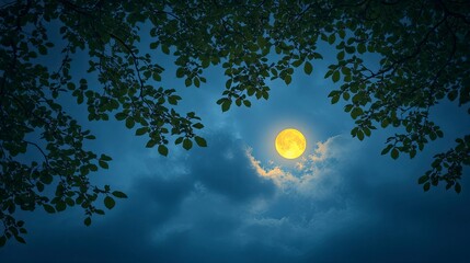 Serene Full Moon Night Behind Silhouetted Branches