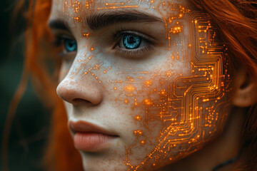 Close-up portrait of a young woman with glowing orange digital circuitry on her face, blending beauty with futuristic technology.