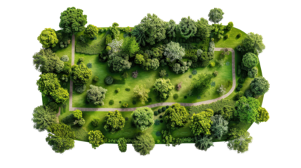 Lush green park with winding paths seen from above on transparent background