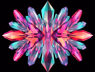 Obraz premium Exquisite Formation, A Symmetrical Array of Translucent Crystals Radiating Vibrant Hues Against a Deep Black Backdrop, Showcasing Nature's Geometric Beauty