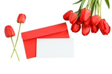 Red tulips, envelope and paper, space for text, isolated on white background, PNG