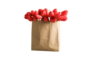 Bouquet of red tulips in a craft paper bag, isolated on white background, PNG