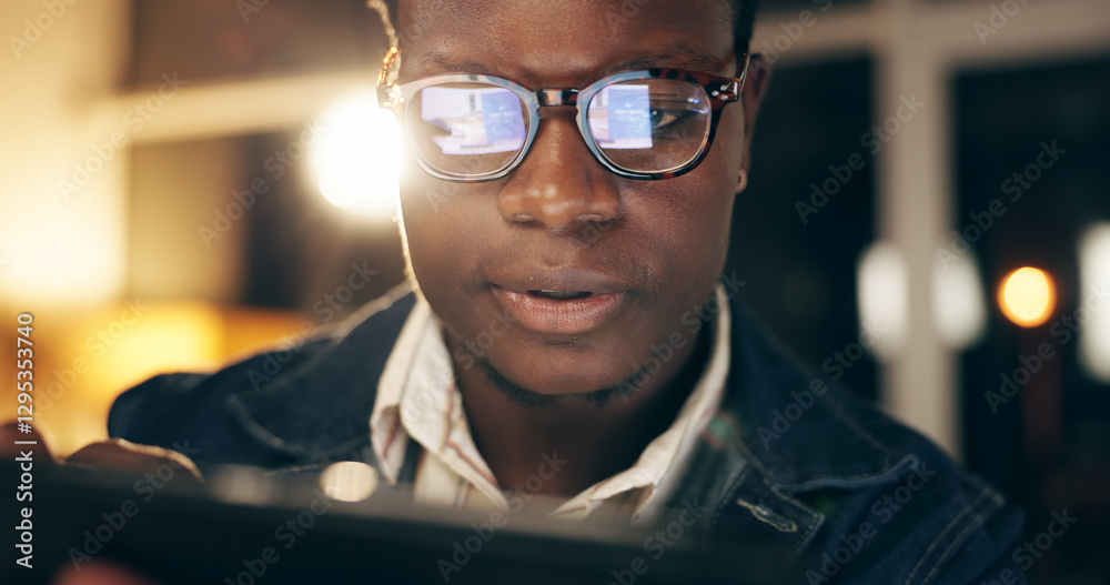 Poster Confused, man and web designer with tablet in closeup for feedback, comment and help with website or app. Male person or creative employee and face with tech for bad news or criticism on software