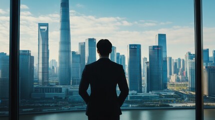 Executive departures with a window overlooking the city skyline. Featuring career transition and leadership change