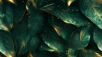 Obraz premium Abstract design of jungle leaves in deep green tones, golden highlights creating a luxurious shimmer, illuminated by soft diffused light, detailed textures emphasizing an exotic and vibrant look.
