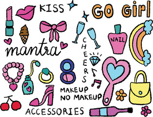 Hand drawn crayon illustration of mantra letters, lipstick, powder, mirror, nail polish, champagne glasses, perfume, bracelet, high heel shoe, bag, pink ribbon, lip, rainbow, ring, diamond, music 