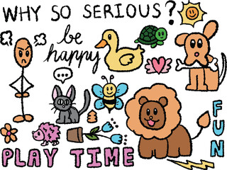 Hand drawn crayon illustration of puppy carrying bone, grumpy stickman, duck, turtle, lion, bee, cat, tulip flower, hedgehog, why so serious letters for cartoon characters, animal, pet, summer vibe