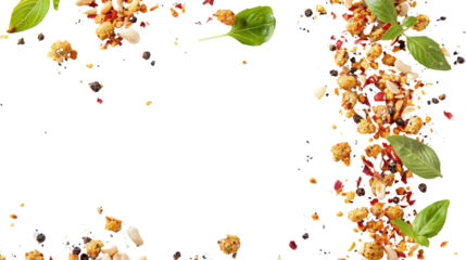Spices and herbs falling on transparent background, creating culinary frame