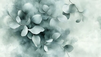 Abstract eucalyptus leaves with a smooth oil-painting texture, soft greens and muted gray hues blending harmoniously, delicate shadows and soft edges, evoking a tranquil and ethereal feel.