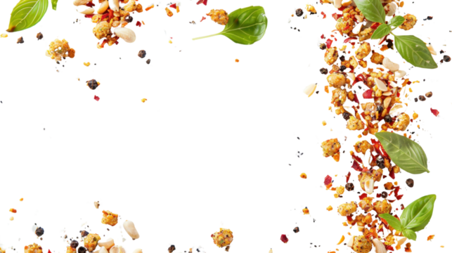 Spices and herbs falling on transparent background, creating culinary frame