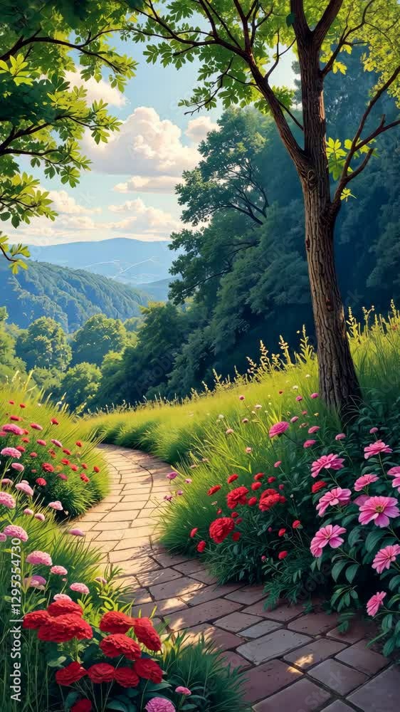 Poster a path through a field of flowers with a view of mountains in the background. the flowers are pink a