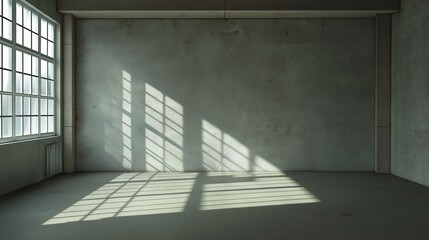 Obraz premium Sunlight casting dramatic shadows through iron bars onto the concrete wall and floor of a dark prison cell