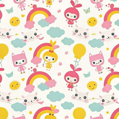 Seamless pattern with cute cartoon animals, rainbows, balloons, and clouds on white background.