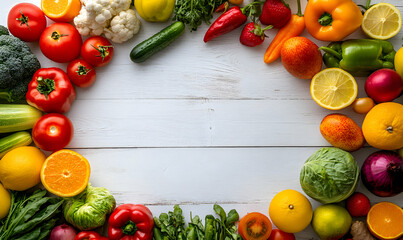 Fresh and colorful fruits and vegetables frame a clean white wooden surface, creating a vibrant and healthy food backdrop for culinary or nutrition-themed projects