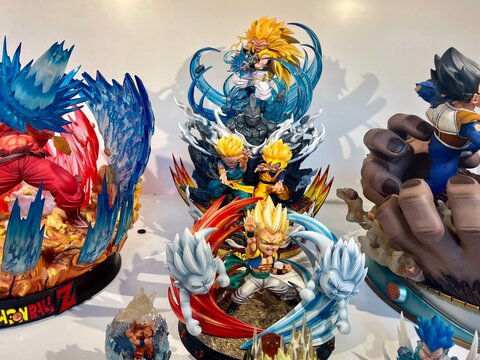 A collection of Vegeta action figures from the Dragon Ball series on display in a glass vitrine on January 28, 2025 in Yogyakarta, Indonesia