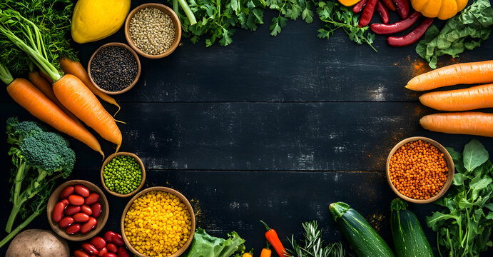 Fresh and Vibrant Organic Food Still Life on Dark Wood Surface, A Composition of Healthy Vegetables, Legumes, and Greens with Room for Text Overlay
