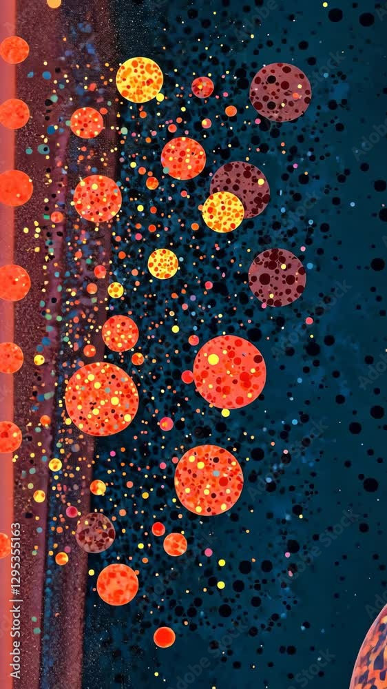Poster a painting of many small circles of different colors. the circles are mostly blue and red. the circl