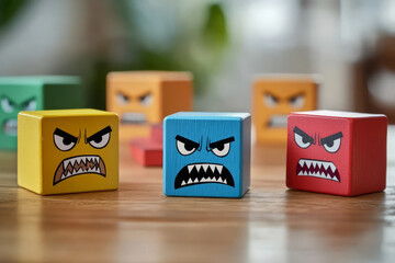Colorful wooden blocks with angry faces on table create playful scene