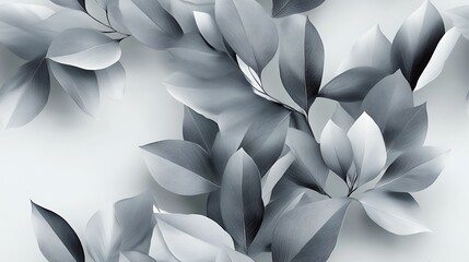 Abstract monochrome leaves in varying shades of gray, textured with soft grain and smooth gradients, minimalist arrangement on a matte light gray background, creating a serene and modern aesthetic.