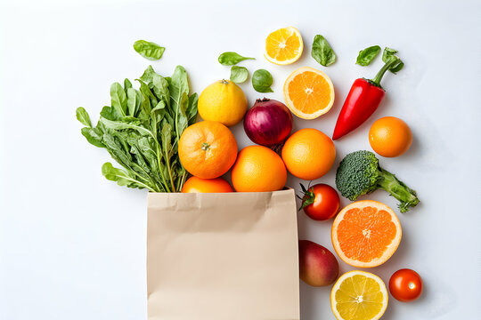 Fresh produce overflowing from a brown paper bag, A vibrant assortment of fruits and vegetables showcasing healthy eating and sustainable shopping choices - Powered by Adobe