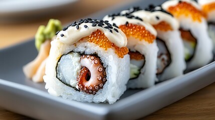 Octopus food: Asian cuisine salad. Delicious sushi rolls with octopus and garnishes on a plate.