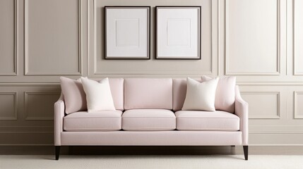 stylish beige sofa with white cushions placed against paneled wall, complemented by two framed artworks