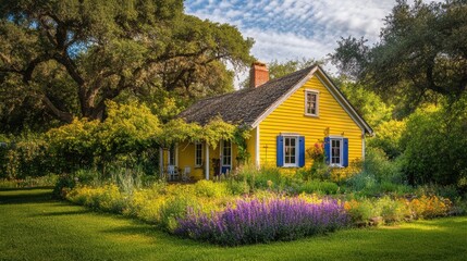 A charming yellow farmhouse with a colorful garden, shaded by old oak trees, under a brilliant summer sky.