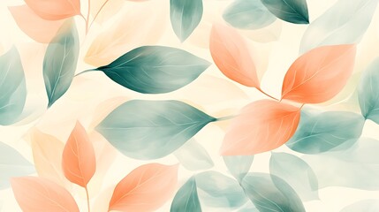 Abstract pastel leaves arranged in a seamless pattern, soft shades of peach, periwinkle, and light green, textured with delicate brushstrokes, glowing softly for a calming aesthetic. --ar 16:9 --tile
