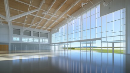 Vast Industrial Space: A spacious, bright industrial interior with high ceilings, polished concrete floors, and large windows showcasing abundant natural light. The clean.