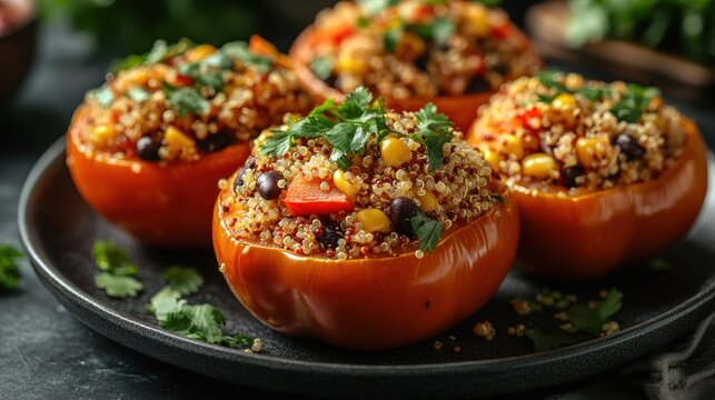 Quinoa-stuffed tomatoes on dark plate, kitchen setting, healthy meal