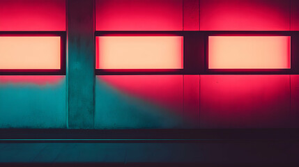 Vibrant pink and teal neon lights illuminate a modern architectural wall, creating a striking contrast and graphic design element.  Perfect for backgrounds or design inspiration.