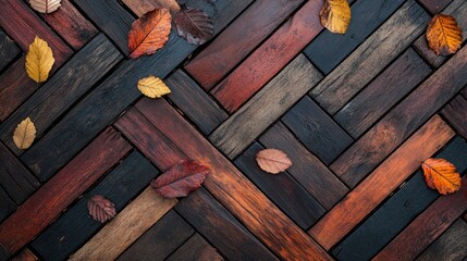 Autumn Leaves on Rustic Wooden Plank Background