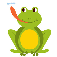 Green frog and insect illustration. Vector flat, cartoon style